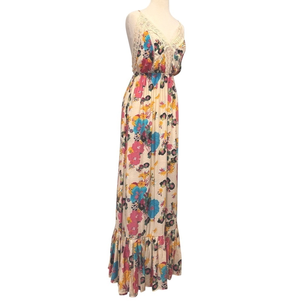 Meghan LA Floral Summer Maxi Dress Strappy Backless Lace Trim Boho Size Small - Picture 4 of 10